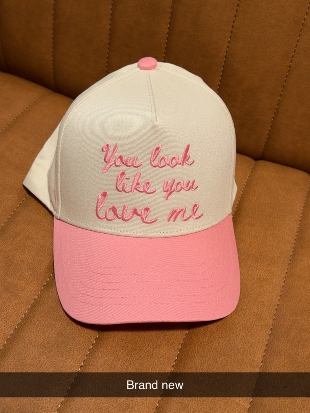 White and Pink Embroidered Baseball Cap - 'You Look Like You Love Me'